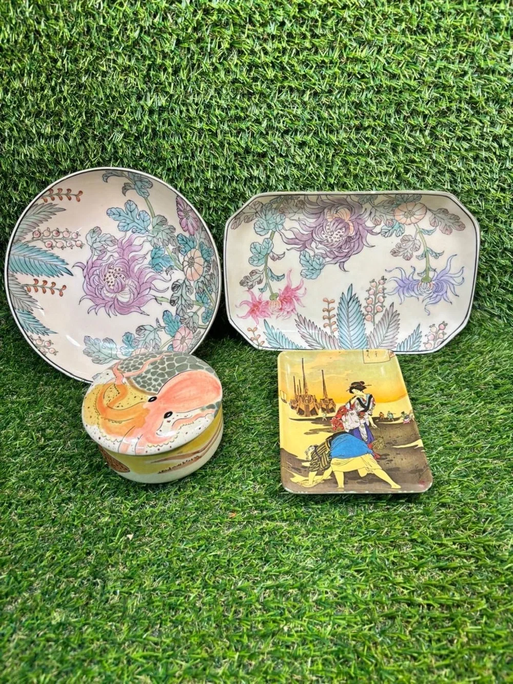 Vintage Asian Decor Lot Macau Porcelain Octopus Box Japanese Tray 4 Pc Rare